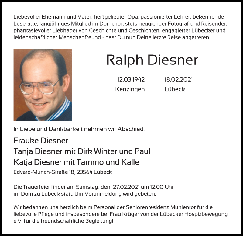  Traueranzeige für Ralph Diesner vom 21.02.2021 aus Lübecker Nachrichten