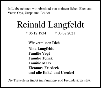 Traueranzeige von Reinald Langfeldt von Lübecker Nachrichten