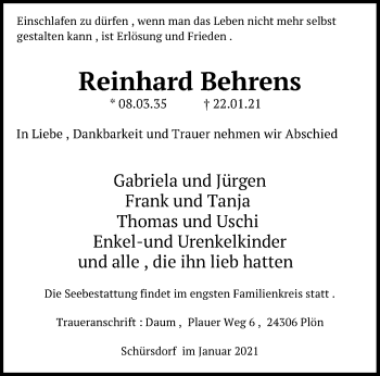 Traueranzeige von Reinhard Behrens von Lübecker Nachrichten