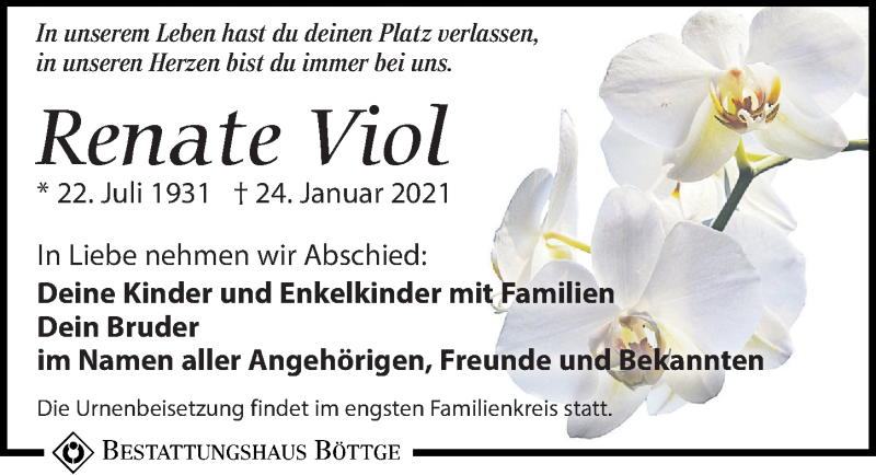  Traueranzeige für Renate Viol vom 27.02.2021 aus Leipziger Volkszeitung