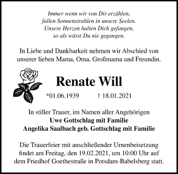 Traueranzeige von Renate Will von Märkischen Allgemeine Zeitung