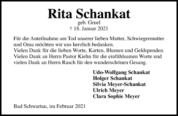 Traueranzeige von Rita Schankat von Lübecker Nachrichten