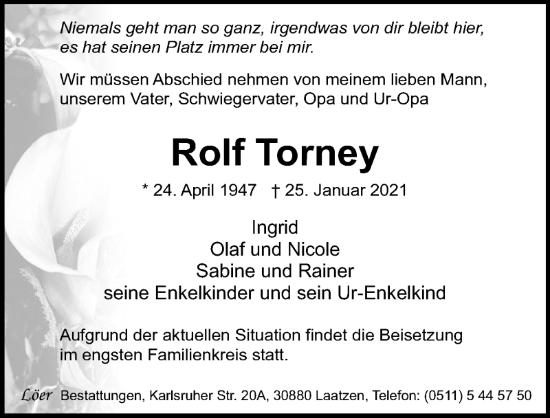  Traueranzeige für Rolf Torney vom 06.02.2021 aus Hannoversche Allgemeine Zeitung/Neue Presse
