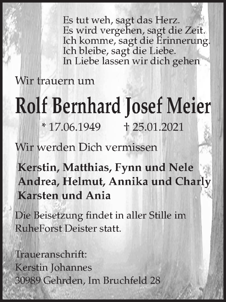  Traueranzeige für Rolf Bernhard Josef Meier vom 20.02.2021 aus Hannoversche Allgemeine Zeitung/Neue Presse