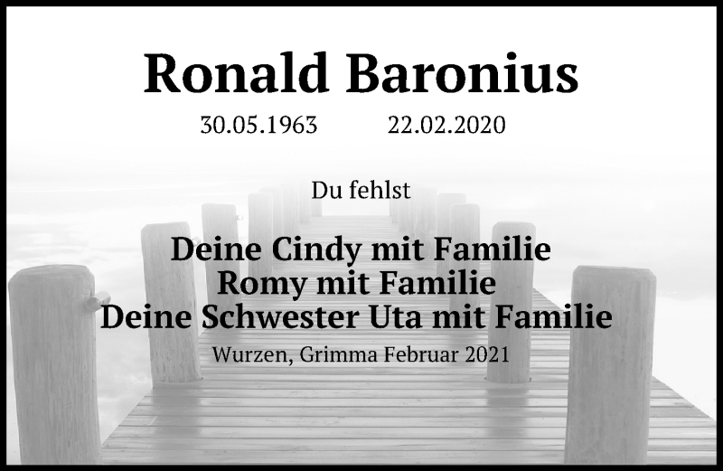  Traueranzeige für Ronald Baronius vom 22.02.2021 aus Leipziger Volkszeitung