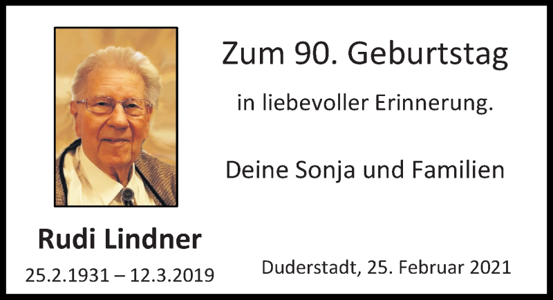  Traueranzeige für Rudi Lindner vom 25.02.2021 aus Eichsfelder Tageblatt