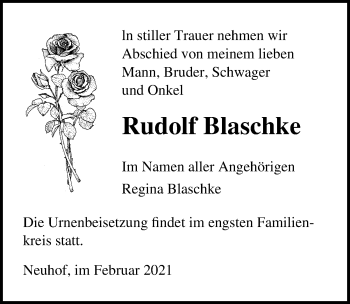 Traueranzeige von Rudolf Blaschke von Märkischen Allgemeine Zeitung