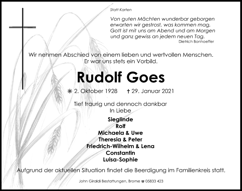  Traueranzeige für Rudolf Goes vom 04.02.2021 aus Aller Zeitung