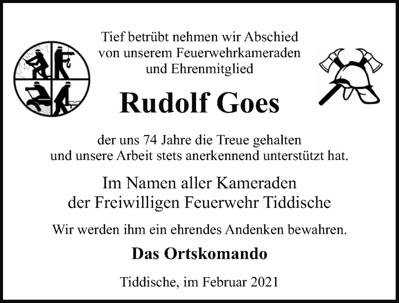  Traueranzeige für Rudolf Goes vom 12.02.2021 aus Aller Zeitung