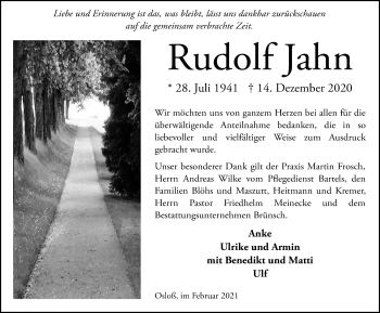 Traueranzeige von Rudolf Jahn von Aller Zeitung