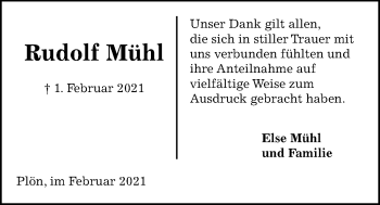 Traueranzeige von Rudolf Mühl von Kieler Nachrichten