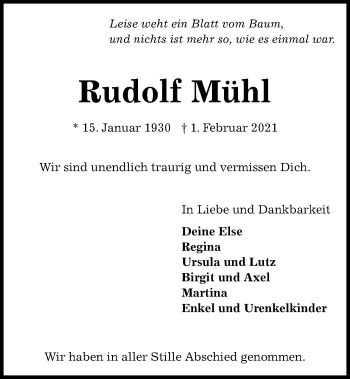 Traueranzeige von Rudolf Mühl von Kieler Nachrichten