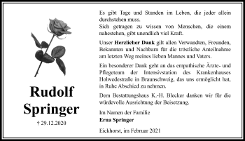 Traueranzeige von Rudolf Springer von Aller Zeitung