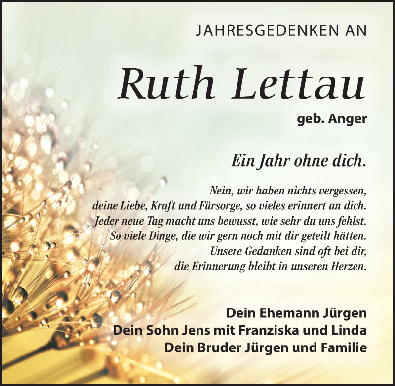  Traueranzeige für Ruth Lettau vom 27.02.2021 aus Leipziger Volkszeitung