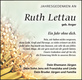 Traueranzeige von Ruth Lettau von Leipziger Volkszeitung