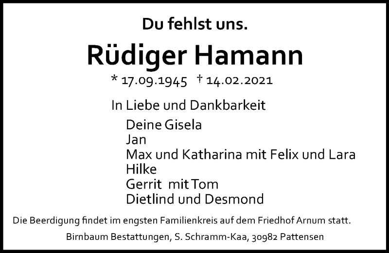  Traueranzeige für Rüdiger Hamann vom 20.02.2021 aus Hannoversche Allgemeine Zeitung/Neue Presse