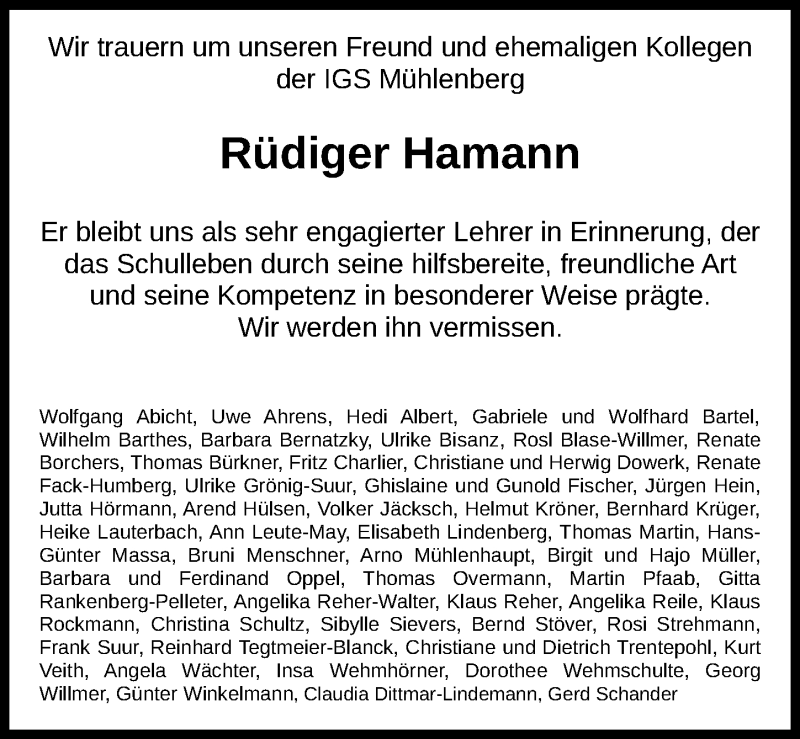  Traueranzeige für Rüdiger Hamann vom 20.02.2021 aus Hannoversche Allgemeine Zeitung/Neue Presse