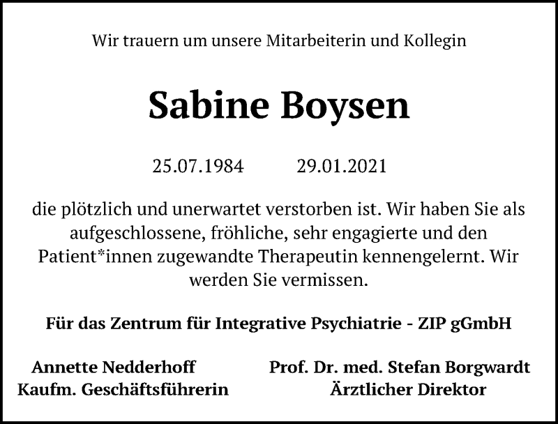  Traueranzeige für Sabine Boysen vom 21.02.2021 aus Lübecker Nachrichten