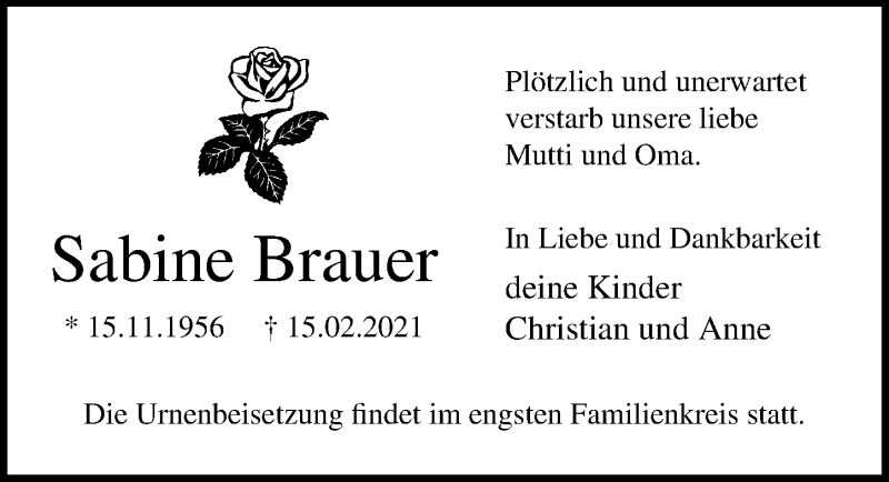  Traueranzeige für Sabine Brauer vom 27.02.2021 aus Ostsee-Zeitung GmbH