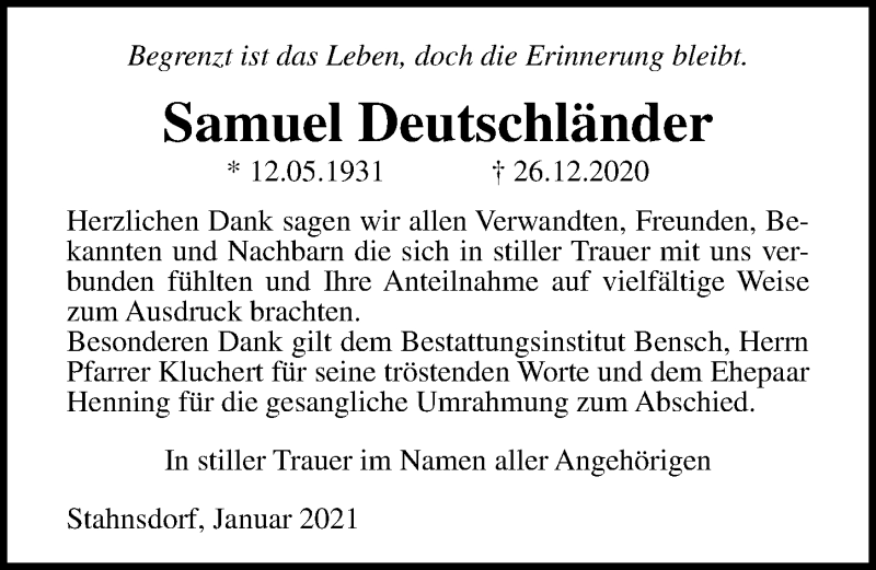  Traueranzeige für Samuel Deutschländer vom 06.02.2021 aus Märkischen Allgemeine Zeitung