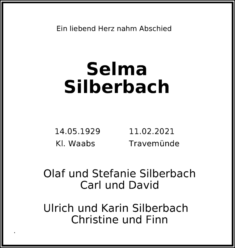  Traueranzeige für Selma Silberbach vom 21.02.2021 aus Lübecker Nachrichten