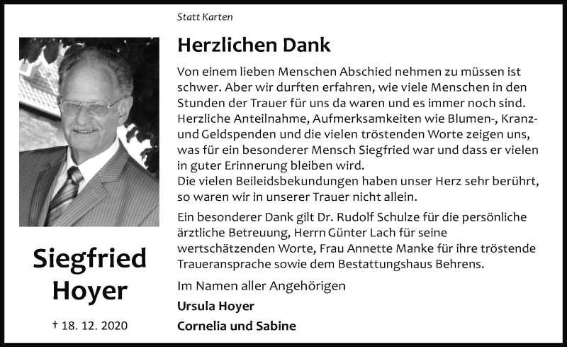  Traueranzeige für Siegfried Hoyer vom 06.02.2021 aus Aller Zeitung