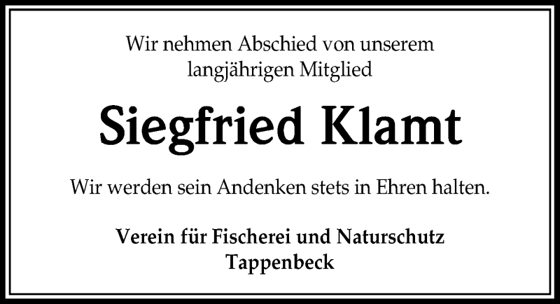  Traueranzeige für Siegfried Klamt vom 01.02.2021 aus Aller Zeitung