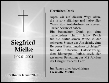 Traueranzeige von Siegfried Mielke von Ostsee-Zeitung GmbH