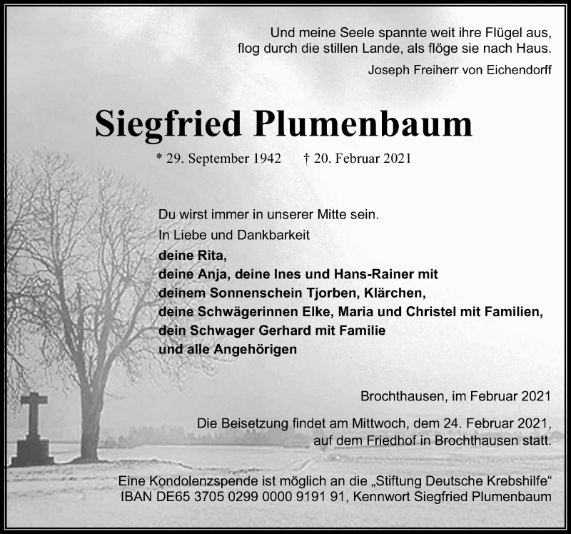  Traueranzeige für Siegfried Plumenbaum vom 23.02.2021 aus Eichsfelder Tageblatt