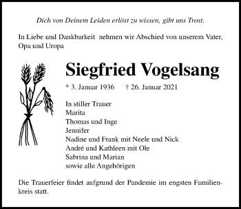 Traueranzeige von Siegfried Vogelsang von Lübecker Nachrichten