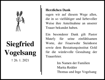 Traueranzeige von Siegfried Vogelsang von Lübecker Nachrichten