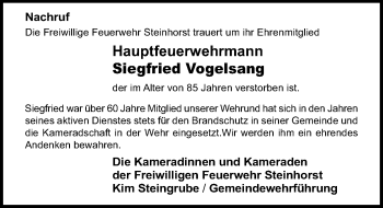 Traueranzeige von Siegfried Vogelsang von Lübecker Nachrichten