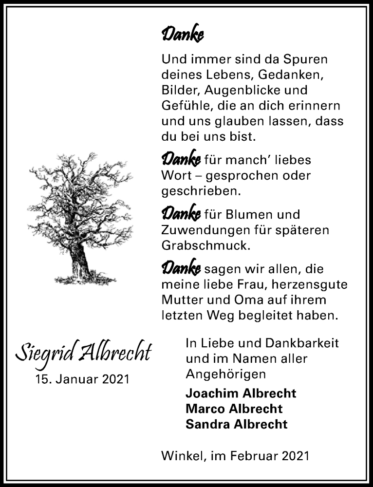  Traueranzeige für Siegrid Albrecht vom 03.02.2021 aus Aller Zeitung
