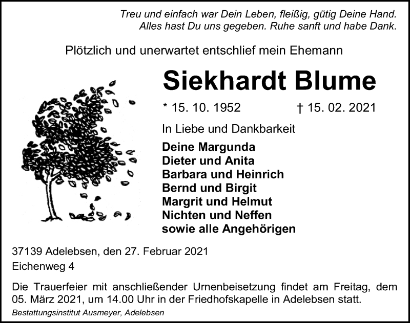  Traueranzeige für Siekhardt Blume vom 27.02.2021 aus Göttinger Tageblatt