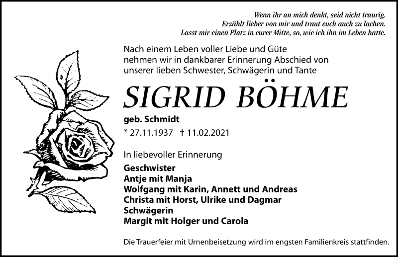  Traueranzeige für Sigrid Böhme vom 27.02.2021 aus Leipziger Volkszeitung