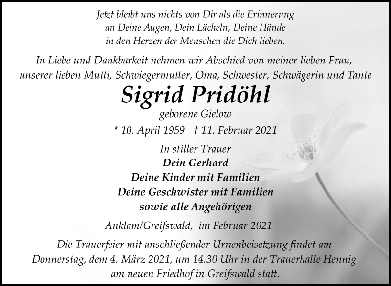  Traueranzeige für Sigrid Pridöhl vom 20.02.2021 aus Ostsee-Zeitung GmbH