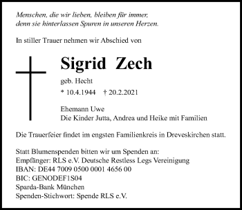 Traueranzeige von Sigrid Zech von Ostsee-Zeitung GmbH