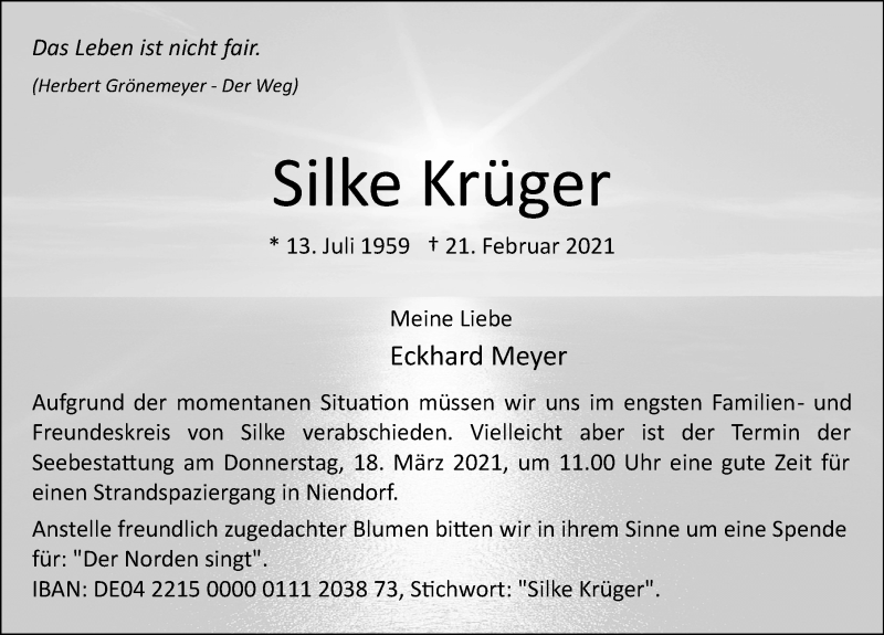  Traueranzeige für Silke Krüger vom 28.02.2021 aus Lübecker Nachrichten
