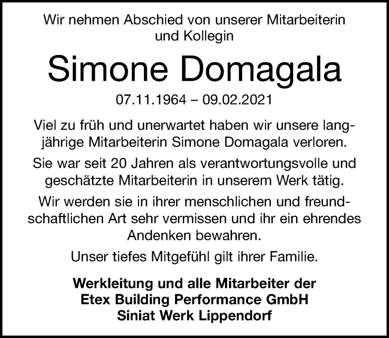  Traueranzeige für Simone Domagala vom 20.02.2021 aus Leipziger Volkszeitung