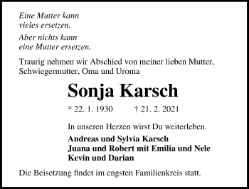 Traueranzeige von Sonja Karsch von Ostsee-Zeitung GmbH
