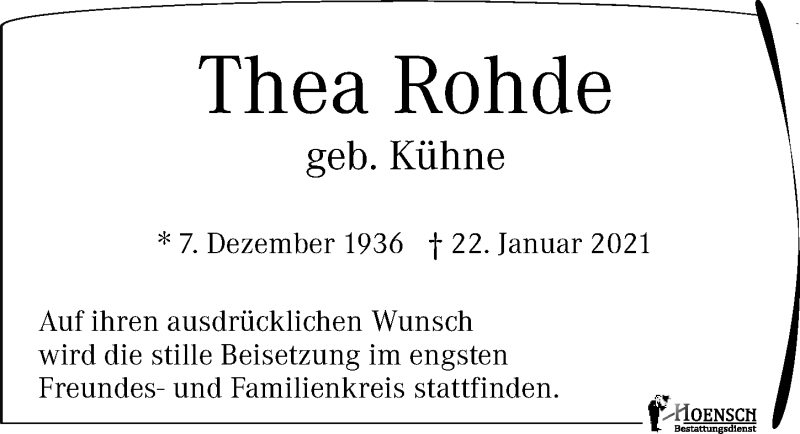  Traueranzeige für Thea Rohde vom 06.02.2021 aus Leipziger Volkszeitung