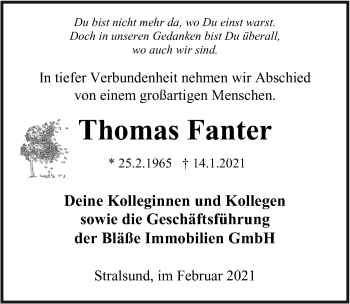 Traueranzeige von Thomas Fanter von Ostsee-Zeitung GmbH