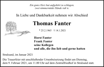 Traueranzeige von Thomas Fanter von Ostsee-Zeitung GmbH