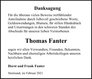 Traueranzeige von Thomas Fanter von Ostsee-Zeitung GmbH