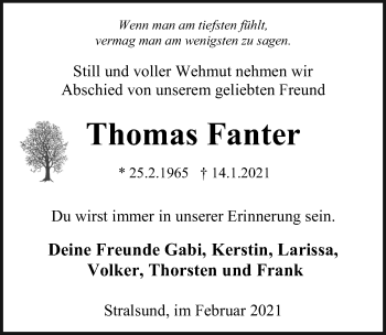 Traueranzeige von Thomas Fanter von Ostsee-Zeitung GmbH