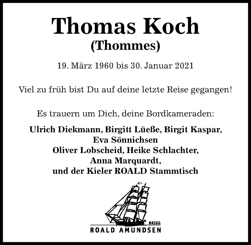 Traueranzeige für Thomas Koch vom 20.02.2021 aus Kieler Nachrichten
