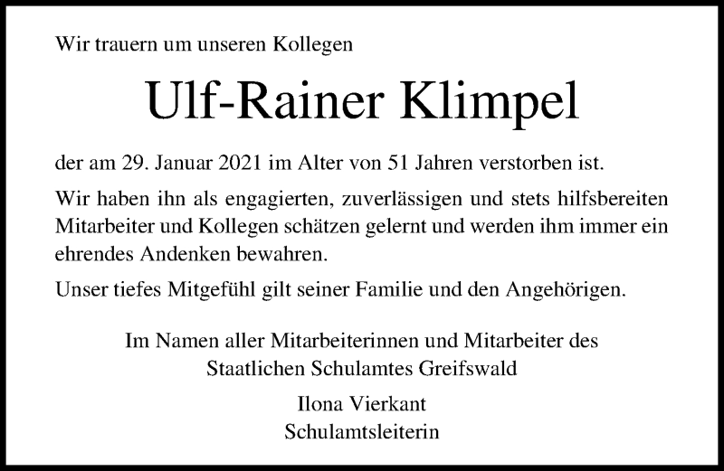  Traueranzeige für Ulf-Rainer Klimpel vom 13.02.2021 aus Ostsee-Zeitung GmbH