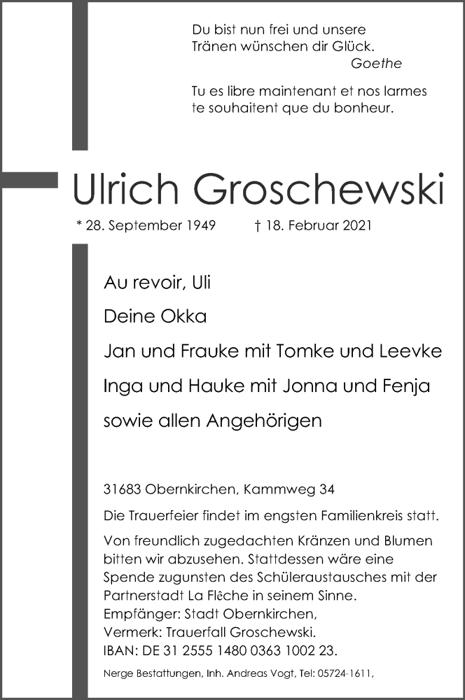  Traueranzeige für Ulrich Groschewski vom 27.02.2021 aus Schaumburger Nachrichten