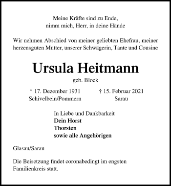 Traueranzeige von Ursula Heftmann von Lübecker Nachrichten