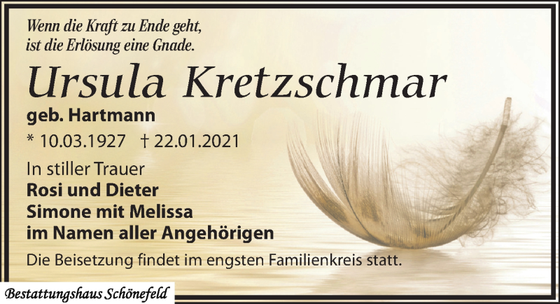  Traueranzeige für Ursula Kretzschmar vom 13.02.2021 aus Leipziger Volkszeitung